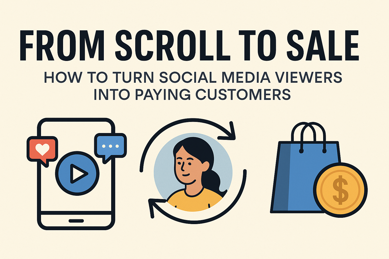 Flat-style banner showing a smartphone with engagement icons, a smiling woman surrounded by arrows symbolizing customer journey, and a shopping bag with a gold coin, illustrating the concept of turning social media viewers into paying customers.