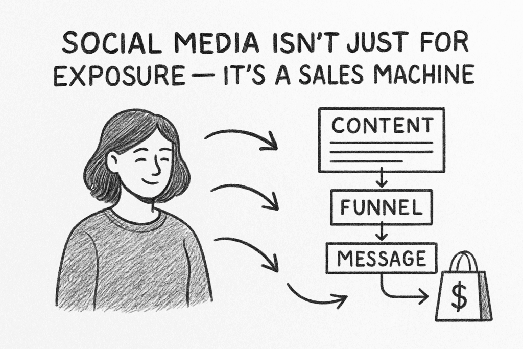 Hand-drawn black and white sketch showing a woman beside a visual sales flowchart labeled content, funnel, and message, illustrating how social media converts into sales.