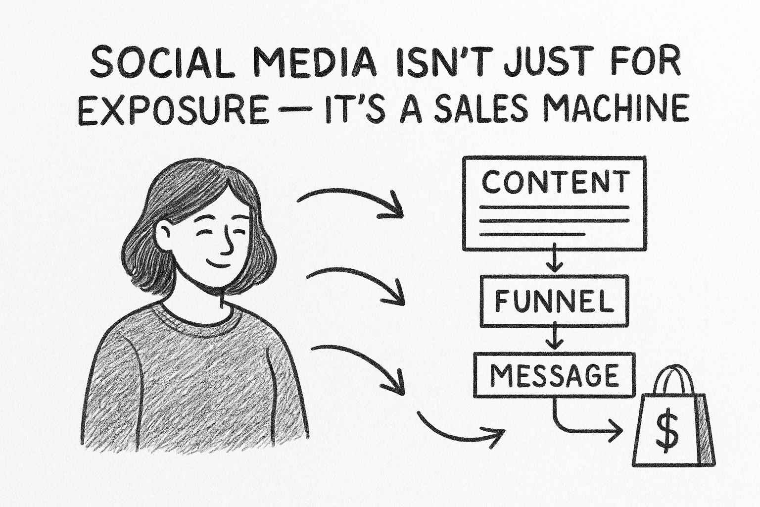 Hand-drawn black and white sketch showing a woman beside a visual sales flowchart labeled content, funnel, and message, illustrating how social media converts into sales.