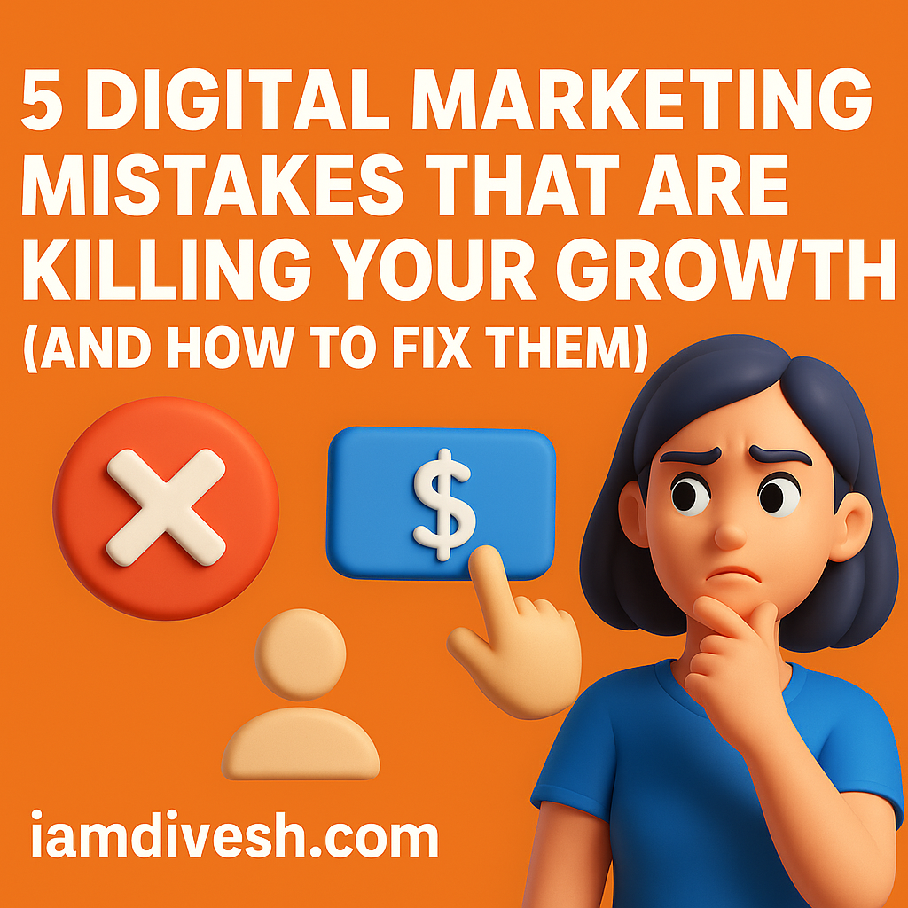 3D digital marketing illustration featuring bold text ‘5 Digital Marketing Mistakes That Are Killing Your Growth (And How to Fix Them)’ with icons of a red X, dollar sign, user profile, and a thinking woman on an orange background, representing common marketing errors and growth strategies