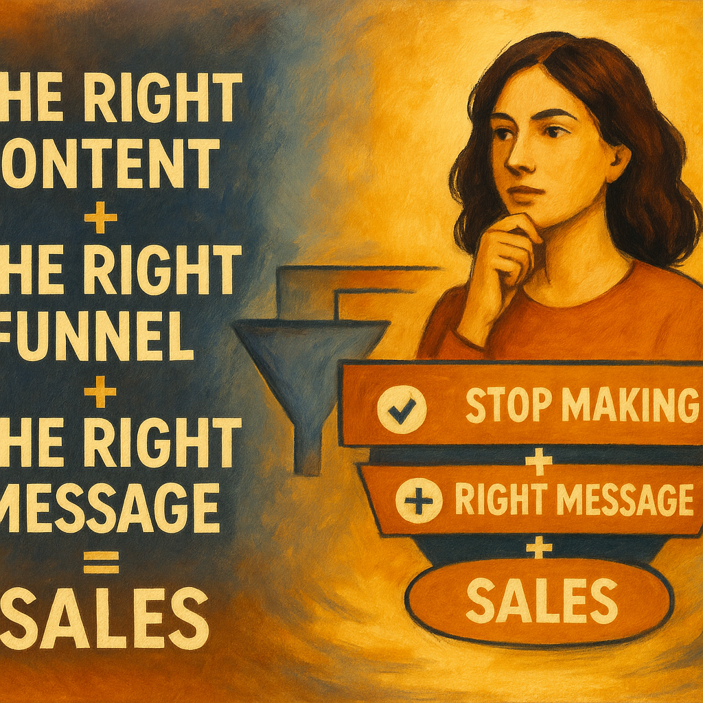 Digital illustration with glowing text ‘The Right Content + The Right Funnel + The Right Message = Sales’ alongside a thoughtful person and a sales funnel icon, representing digital marketing strategy and conversion-focused content creation.