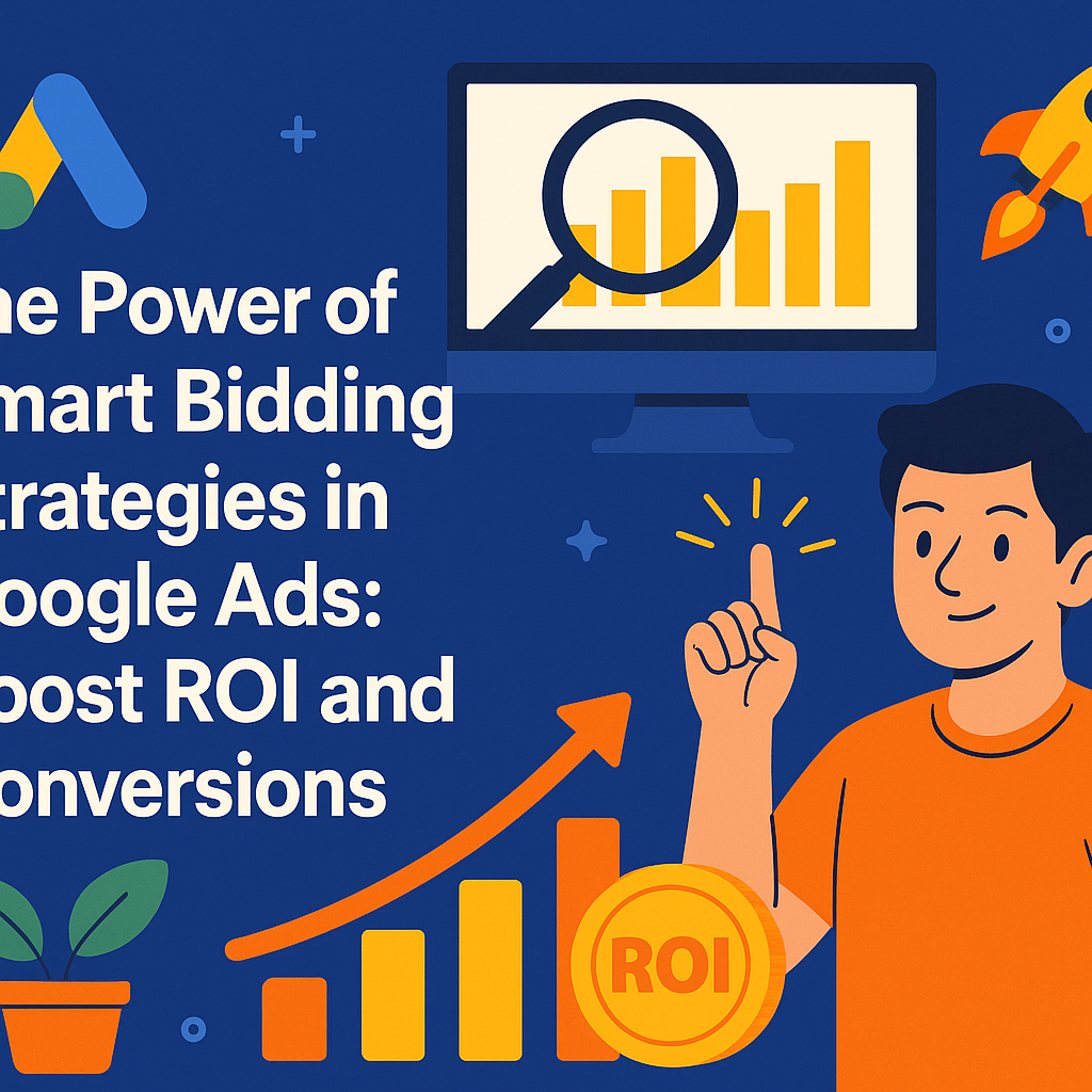 A 2D digital illustration of Smart Bidding Strategies in Google Ads, featuring a laptop screen with a colorful bar graph and charts, representing digital marketing optimization, boosting ROI, and increasing conversions.