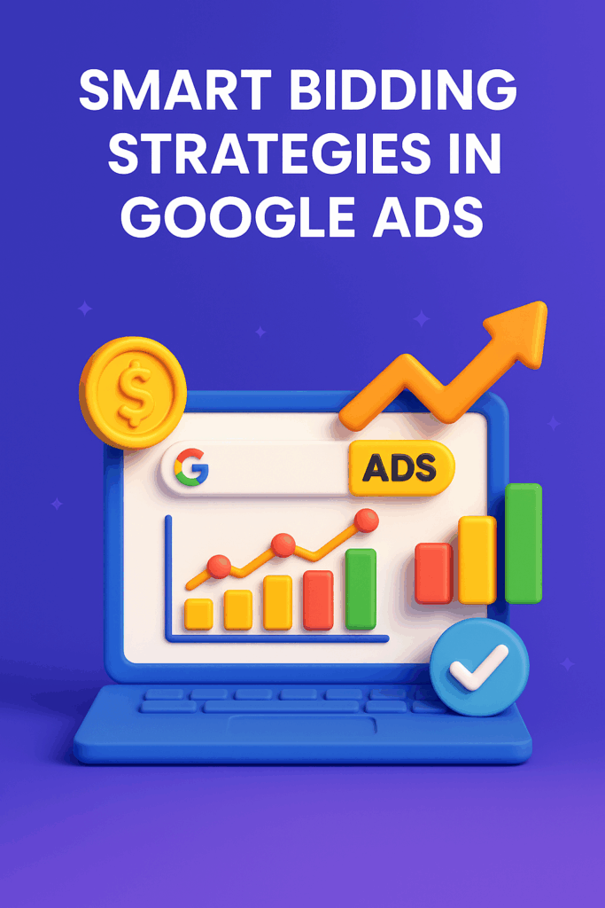 3D digital illustration featuring Smart Bidding Strategies in Google Ads with a laptop screen displaying colorful graphs and the Google Ads logo, representing advanced digital marketing and automated bidding optimization.