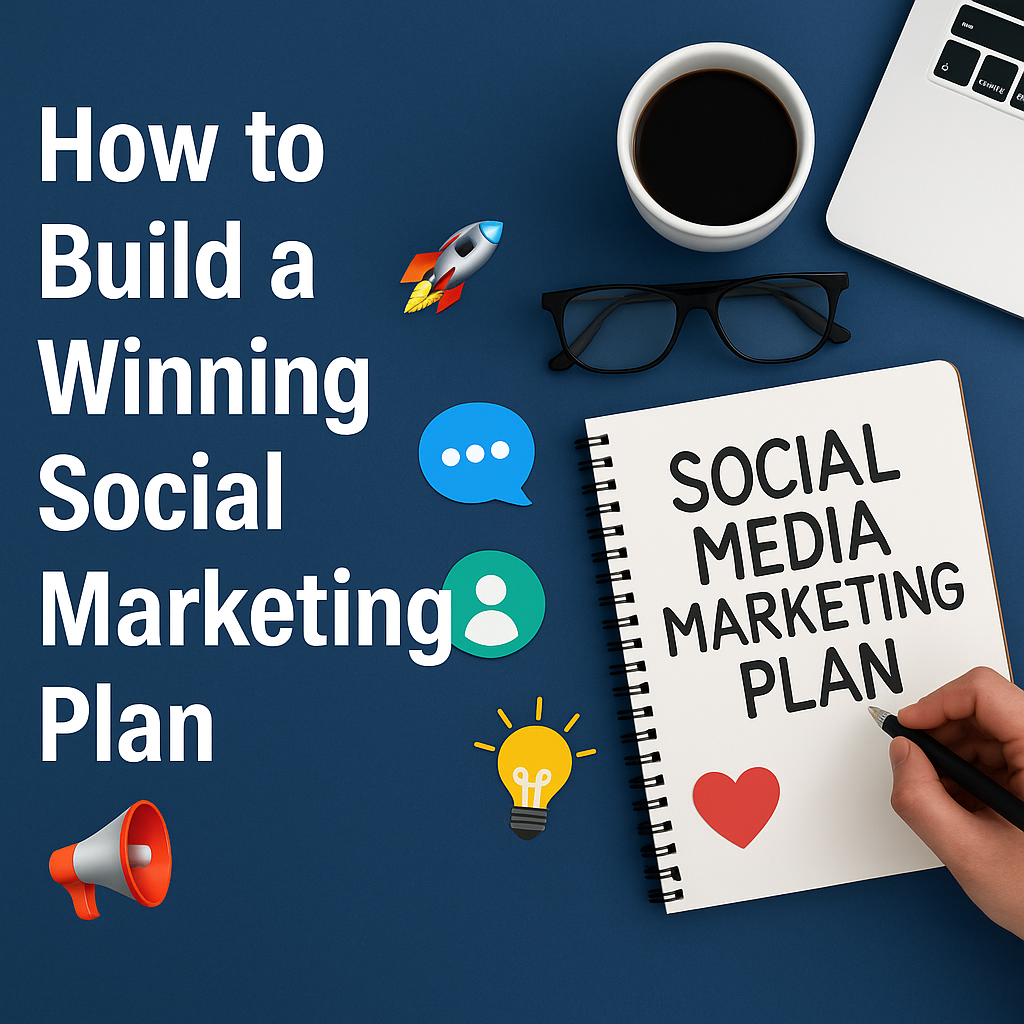 Banner for the blog “How to Build a Winning Social Media Marketing Plan” featuring a laptop, notebook, and phone on a desk, highlighting a digital marketing theme — Social Media Marketing Plan.